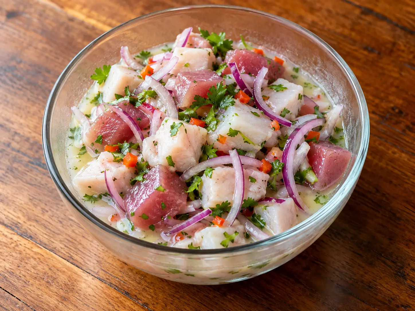 KI-generiertes Illustrationsbild eines gemischten Ceviche aus Zackenbarsch und Thunfisch, für den Bereich Vorspeisen