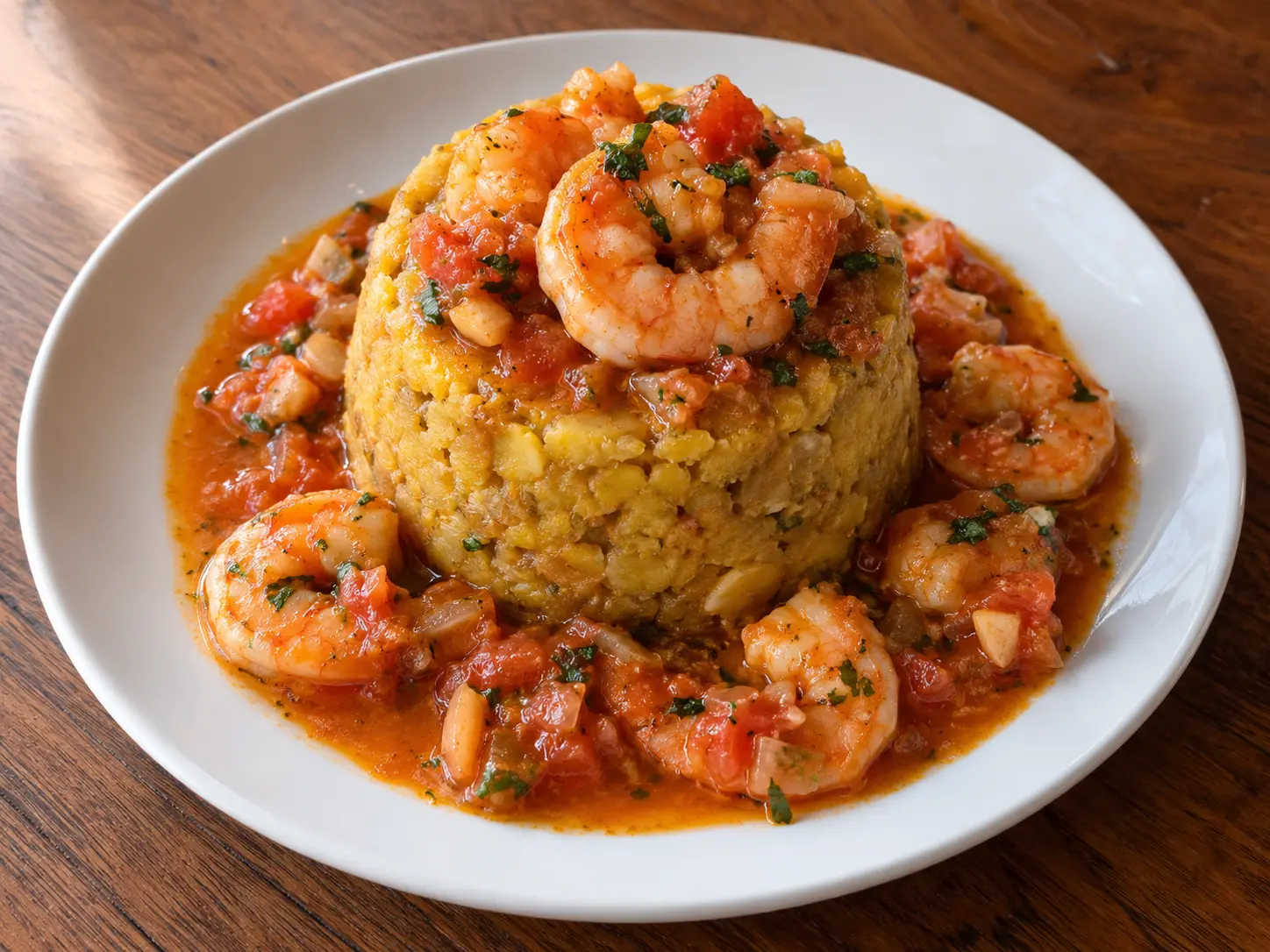 KI-generiertes Illustrationsbild eines Mofongo mit Garnelen, für den Bereich Mofongo